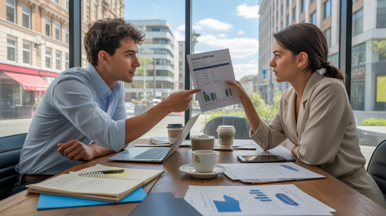 Scène réaliste d’un entrepreneur discutant avec un conseiller financier dans un espace de coworking moderne, documents et outils de travail étalés sur la table.
