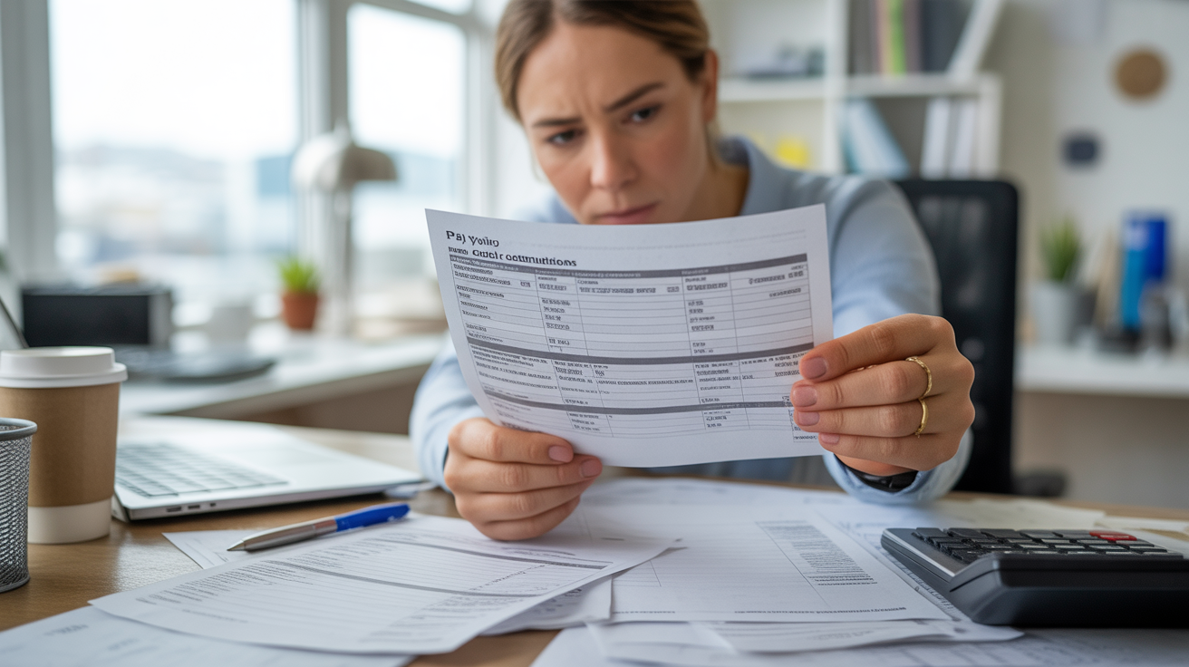 Employé dans un bureau moderne examinant attentivement son bulletin de paie avec un environnement réaliste et des détails authentiques.
