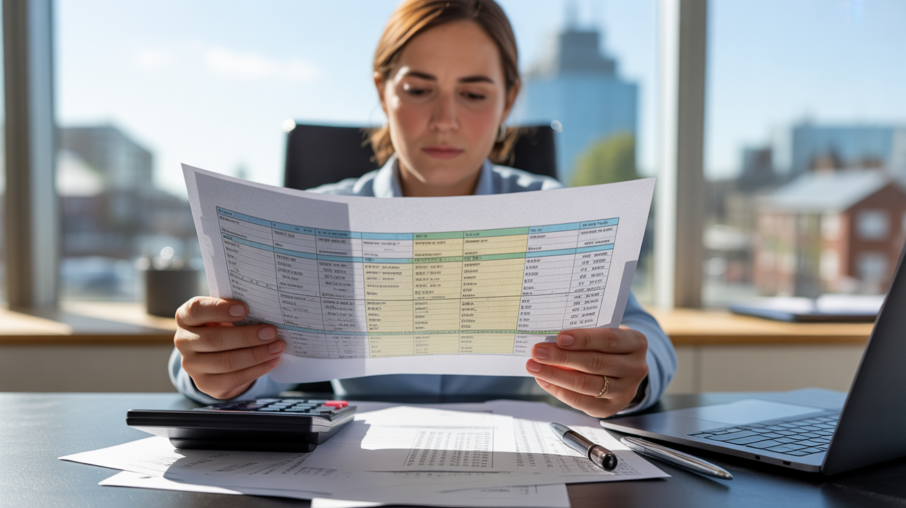 Scène de bureau réaliste montrant un professionnel analysant des fiches de paie et des documents financiers avec une lumière naturelle et un environnement authentique.