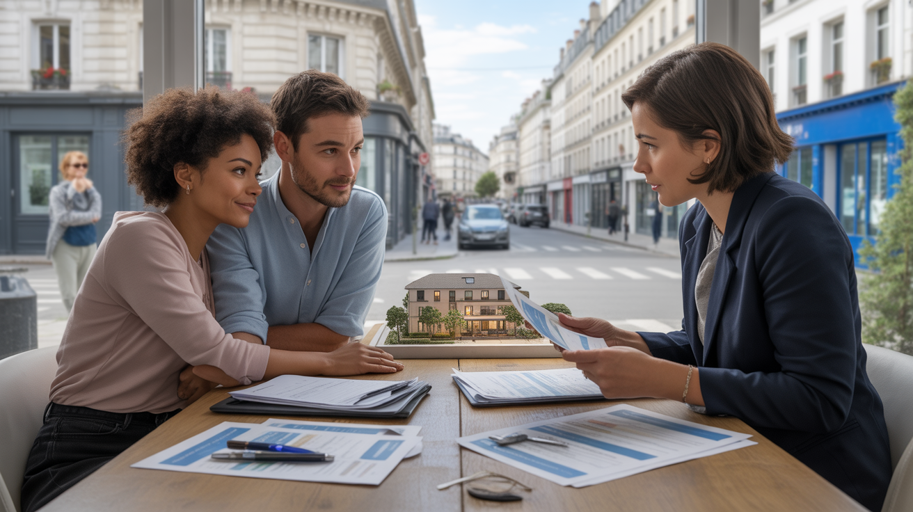 Couple discutant avec un conseiller immobilier, examinant des documents financiers dans une agence lumineuse avec une rue parisienne réaliste en arrière-plan.