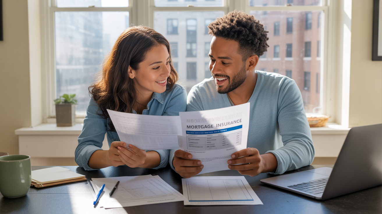 Couple examinant des documents d’assurance emprunteur dans une cuisine lumineuse, semblant soulagé après avoir trouvé une offre plus économique.
