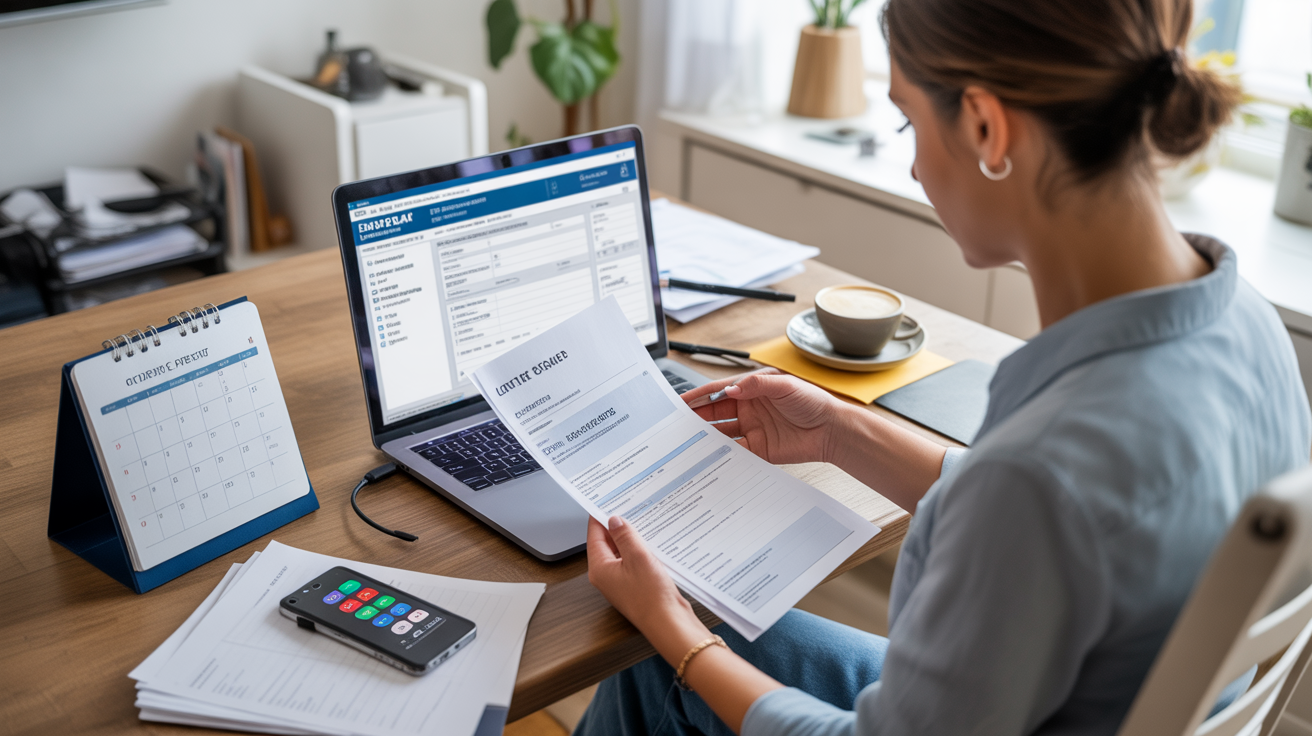 Auto-entrepreneur travaillant dans un bureau lumineux à domicile, examinant des documents administratifs avec un ordinateur affichant une interface officielle et un calendrier marqué de dates importantes.