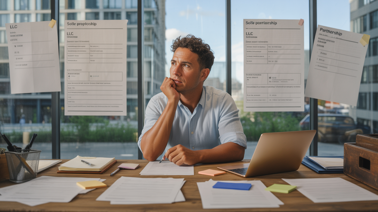 Scène réaliste d’un entrepreneur comparant différents statuts juridiques dans un bureau lumineux et authentique.