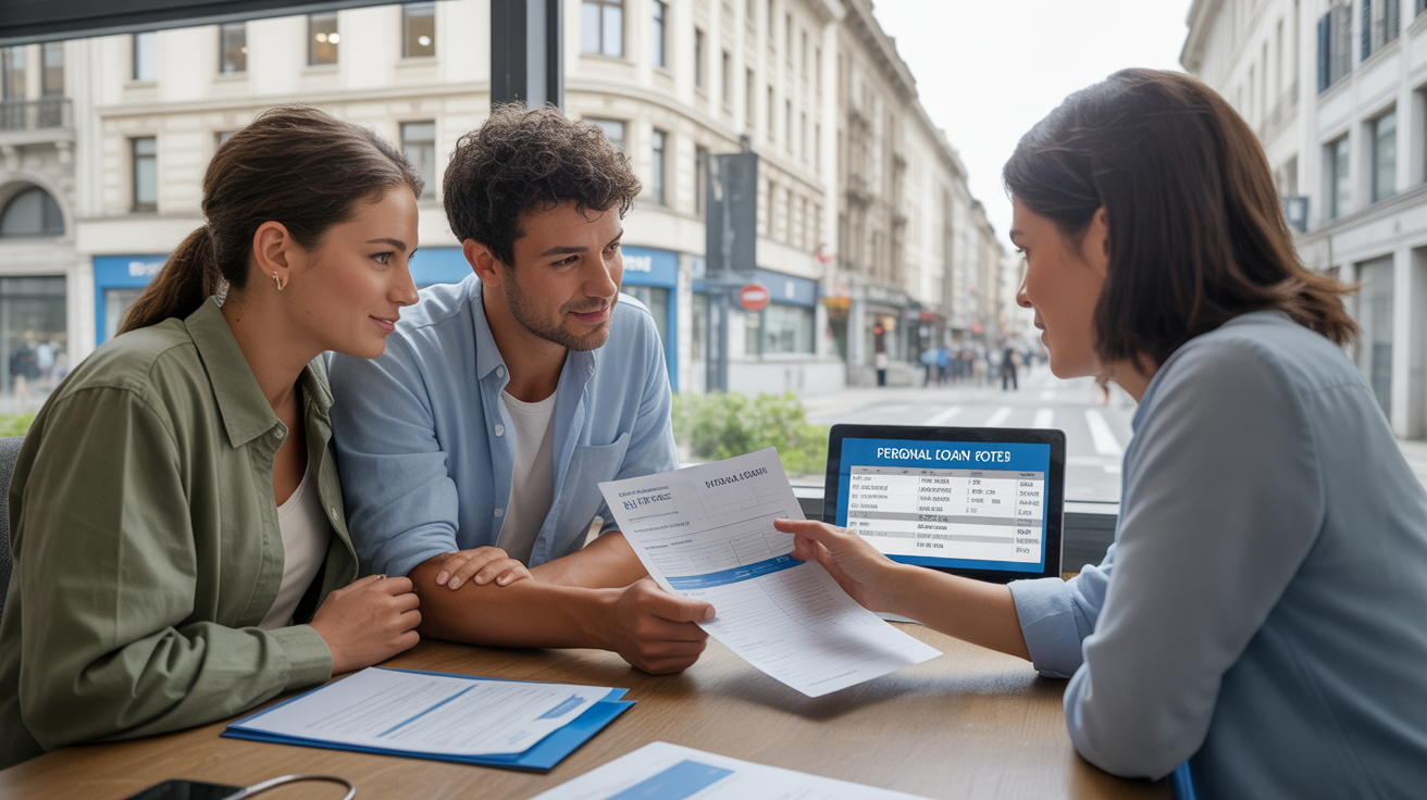 Scène réaliste dans une agence bancaire moderne où un couple consulte un conseiller pour comparer des taux de crédit personnel.