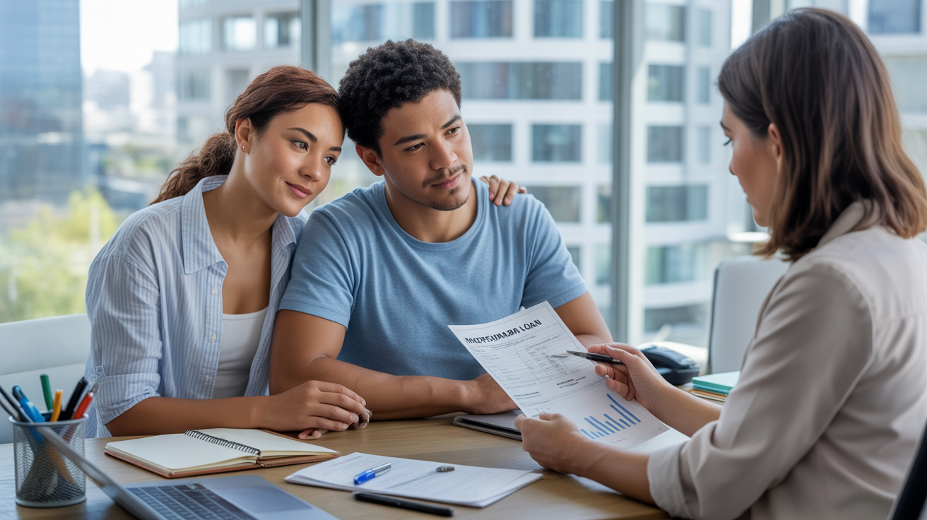 Jeune couple discutant avec un conseiller bancaire dans un bureau moderne et lumineux pour un prêt immobilier, scène réaliste et naturelle.