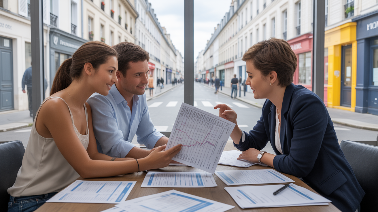 Scène réaliste d’un couple consultant un conseiller immobilier dans une agence française avec des documents sur l’évolution des taux.