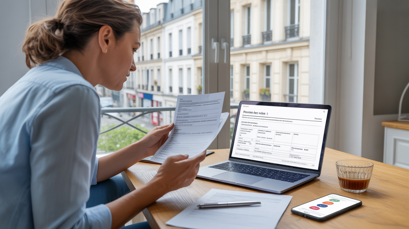 Personne dans un appartement français consultant son avis d’imposition téléchargé sur ordinateur avec documents, smartphone et vue réaliste sur des immeubles parisiens.