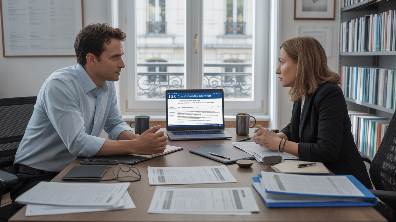 Scène réaliste dans un bureau français moderne où un créateur d’entreprise échange avec un conseiller autour de documents officiels pour créer une SARL.