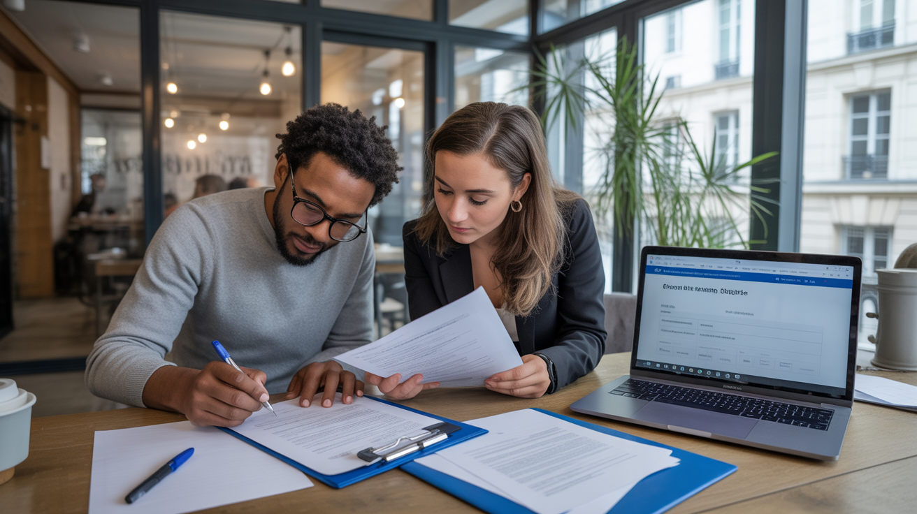Scène réaliste de deux entrepreneurs dans un espace de coworking en France préparant la création d’une SAS avec documents officiels et ambiance professionnelle naturelle.