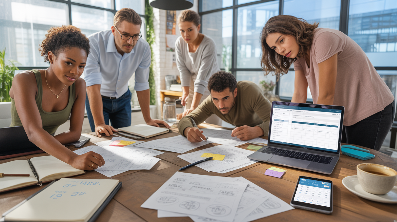 Scène réaliste d’entrepreneurs dans un espace de coworking moderne préparant la création de leur entreprise en 2026 avec documents, laptop et ambiance naturelle.