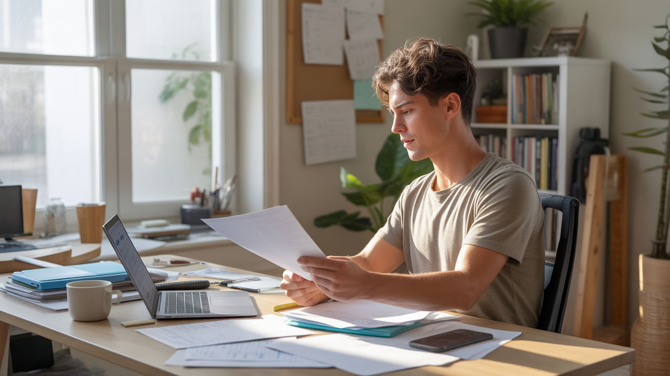 Jeune entrepreneur travaillant dans un bureau lumineux, organisant des documents et créant sa micro-entreprise dans une scène réaliste et naturelle.