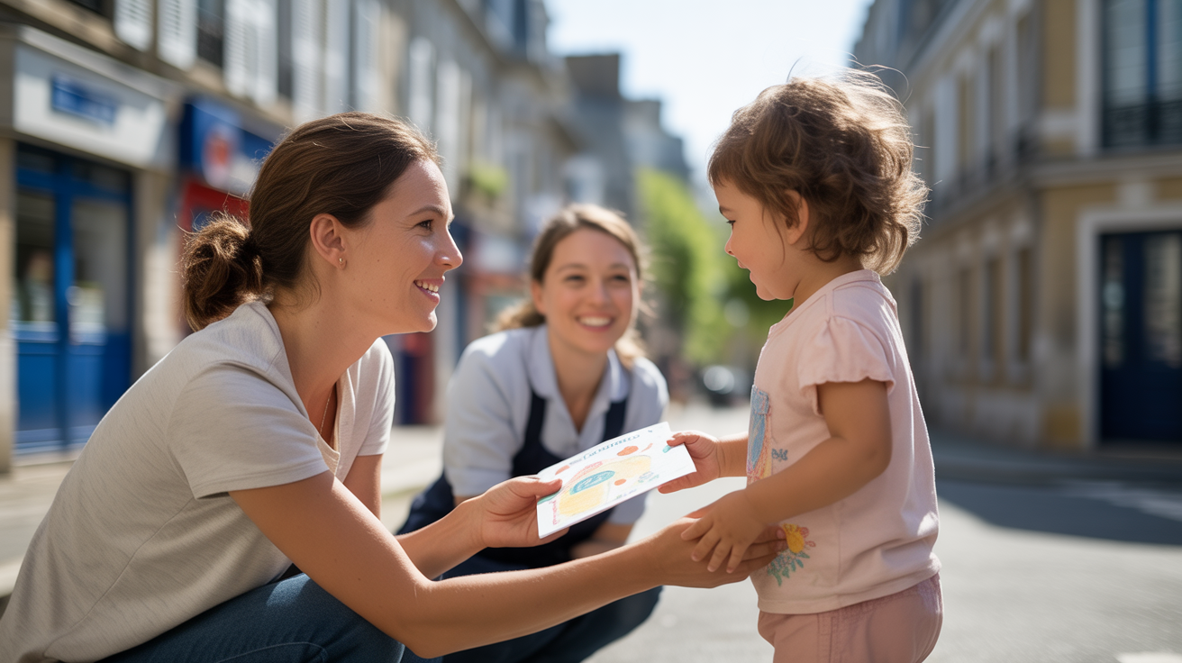 Parent récupérant son enfant dans une crèche française, scène réaliste et chaleureuse illustrant le quotidien de la garde d'enfant.