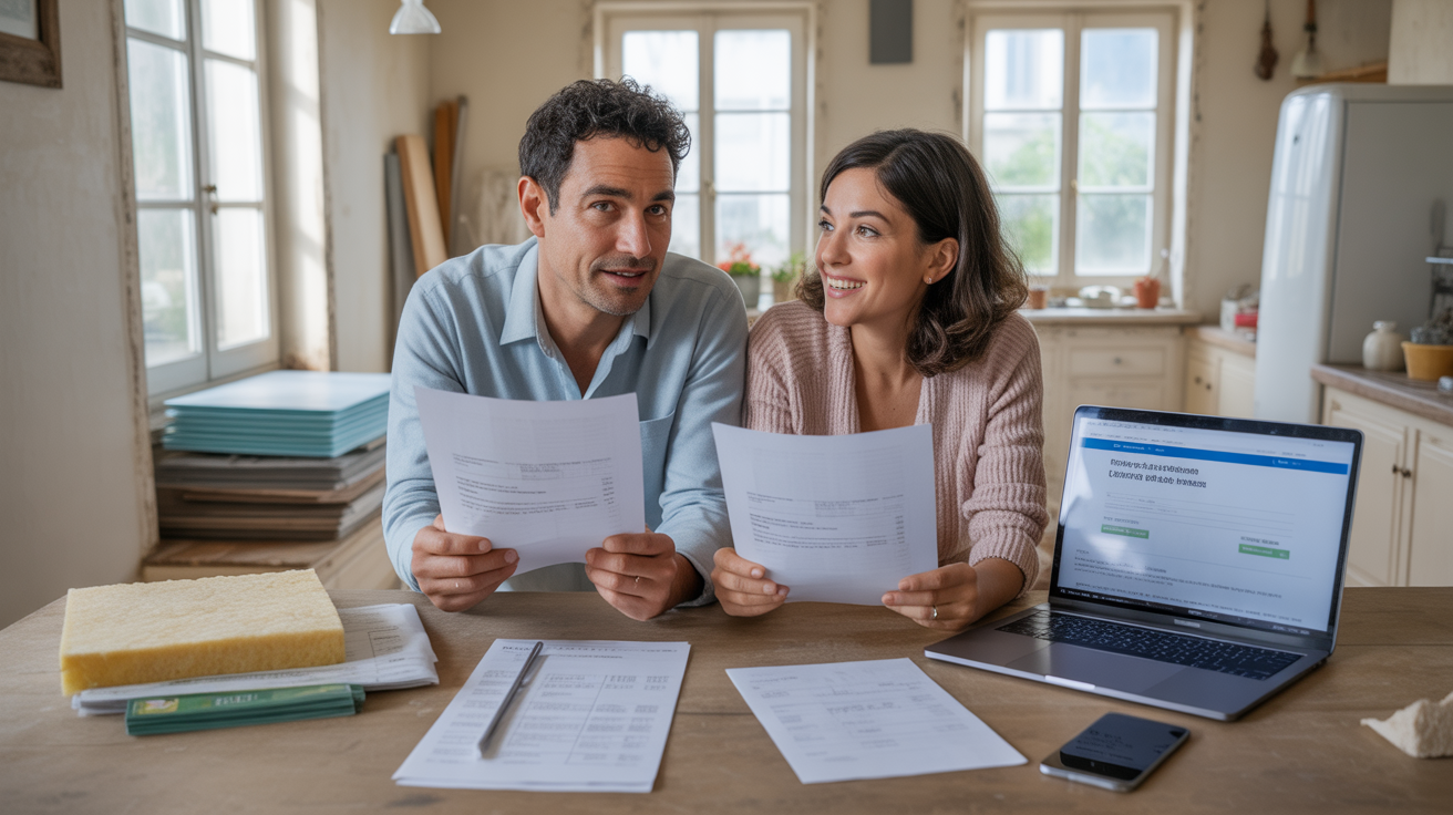 Couple français examinant des documents de crédit d’impôt autour d’une table de cuisine, dans un intérieur lumineux avec des détails réalistes liés à la rénovation et aux économies d’énergie.