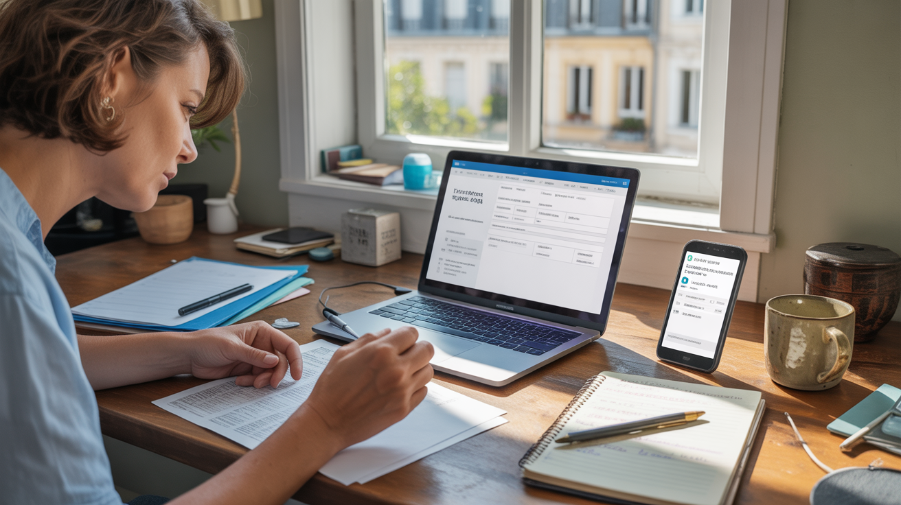 Personne travaillant sur une déclaration d’impôts en ligne dans un bureau à domicile lumineux et réaliste, avec documents et objets du quotidien sur un bureau en bois.