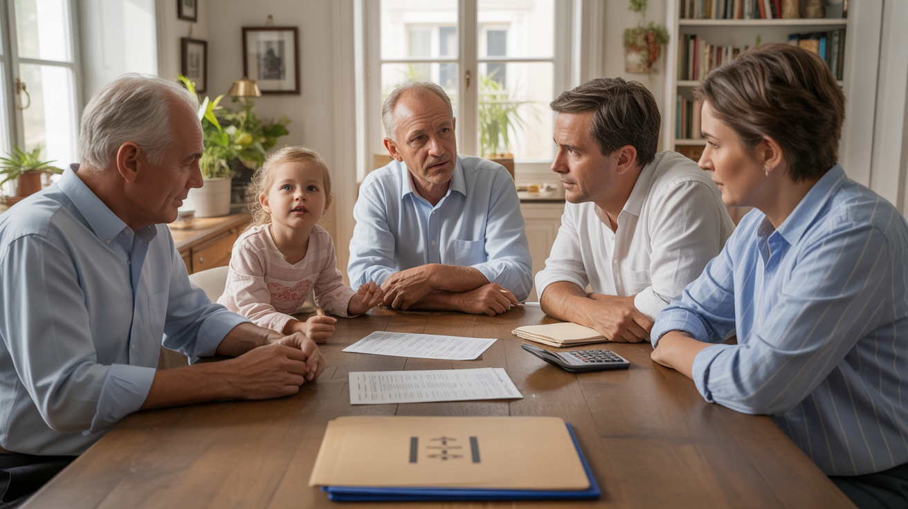 Famille multigénérationnelle discutant calmement autour de documents d’héritage dans une maison française lumineuse et réaliste.