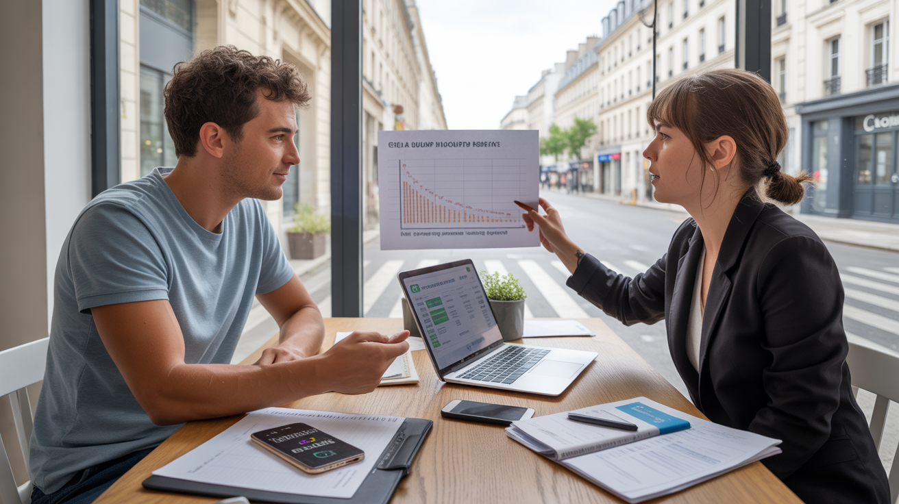 Jeune entrepreneur français discutant avec un conseiller dans un espace de coworking moderne, entouré de documents financiers, symbolisant l’équilibre entre l’ARE et la création d’entreprise.