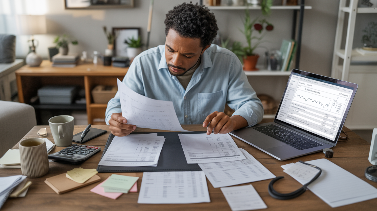Entrepreneur examinant des documents financiers et factures sur un bureau dans un espace de travail réaliste et lumineux.