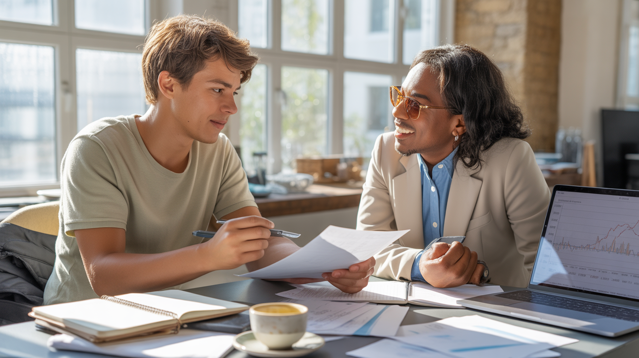 Jeune entrepreneur discutant avec un conseiller dans un espace de coworking lumineux et réaliste, examinant des documents de création ou reprise d’entreprise.