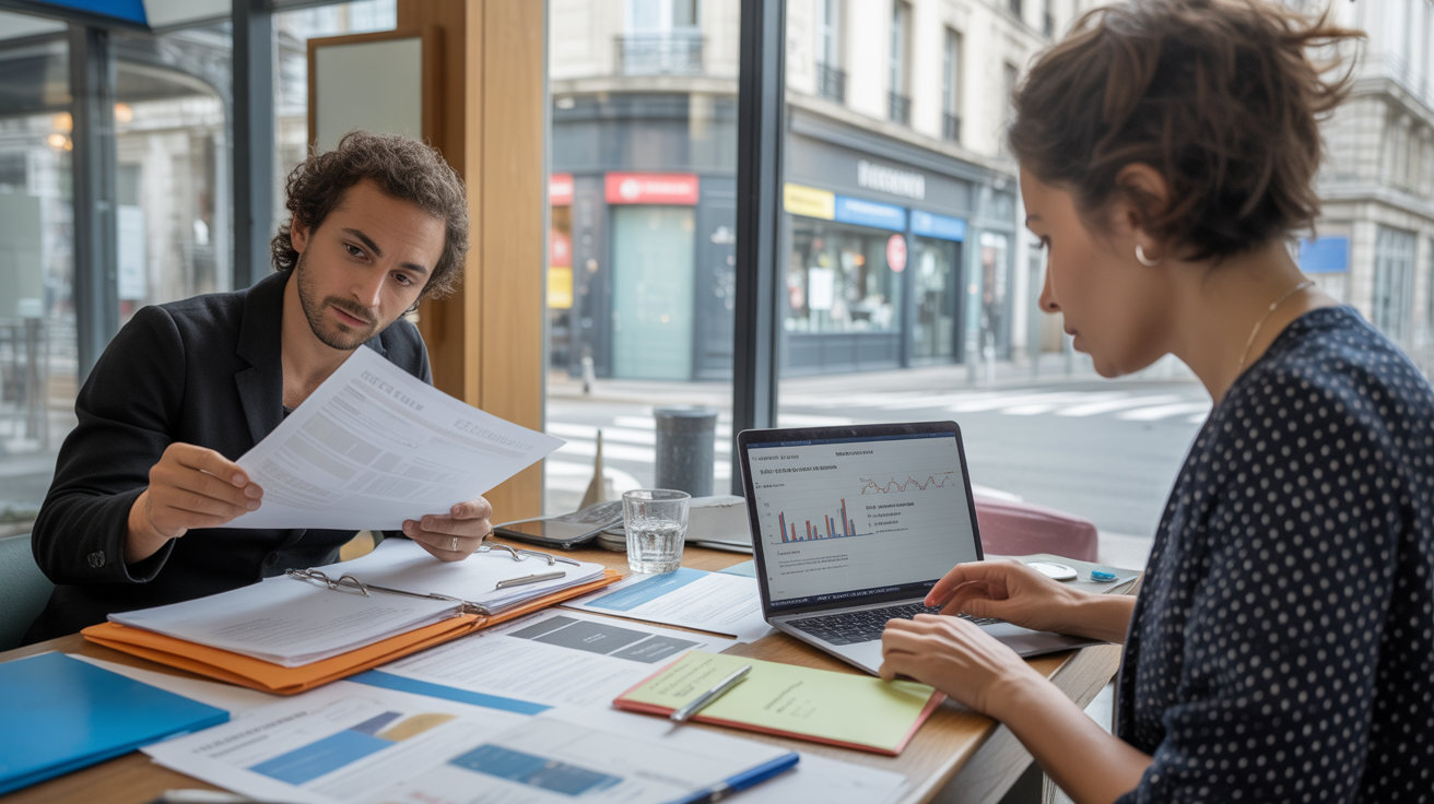 Scène réaliste dans un espace de coworking où deux entrepreneurs comparent des documents financiers et juridiques pour choisir un statut d’entreprise.