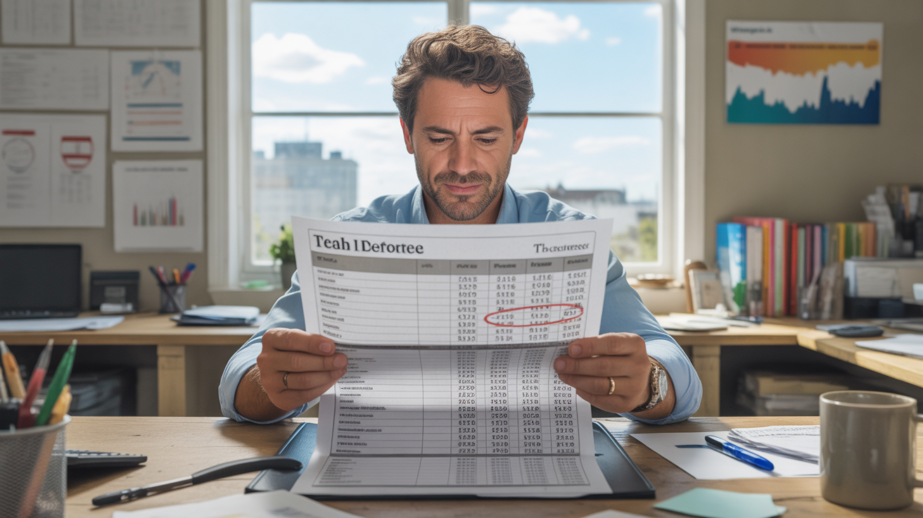 Employé en bureau vérifiant une fiche de paie avec heures supplémentaires mises en avant, dans un environnement de travail réaliste et lumineux.
