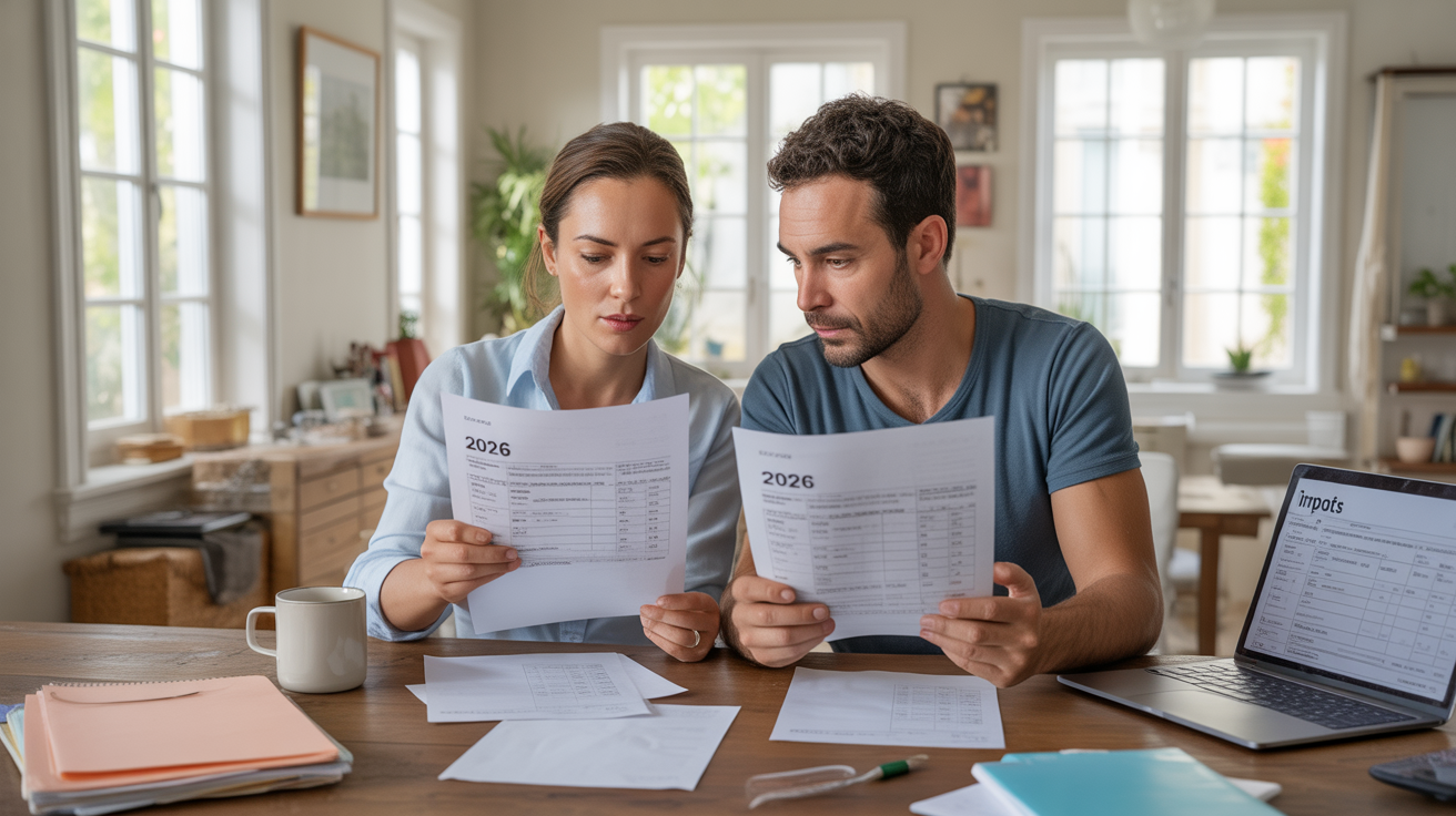 Scène réaliste d’un couple français examinant leurs documents d’impôt sur le revenu 2026 dans un salon lumineux.