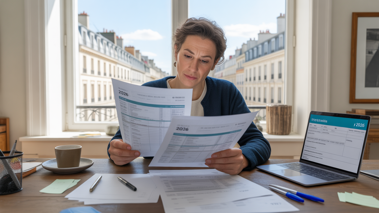 Personne examinant des documents fiscaux de 2026 sur un bureau près d’une fenêtre avec vue sur des immeubles français.