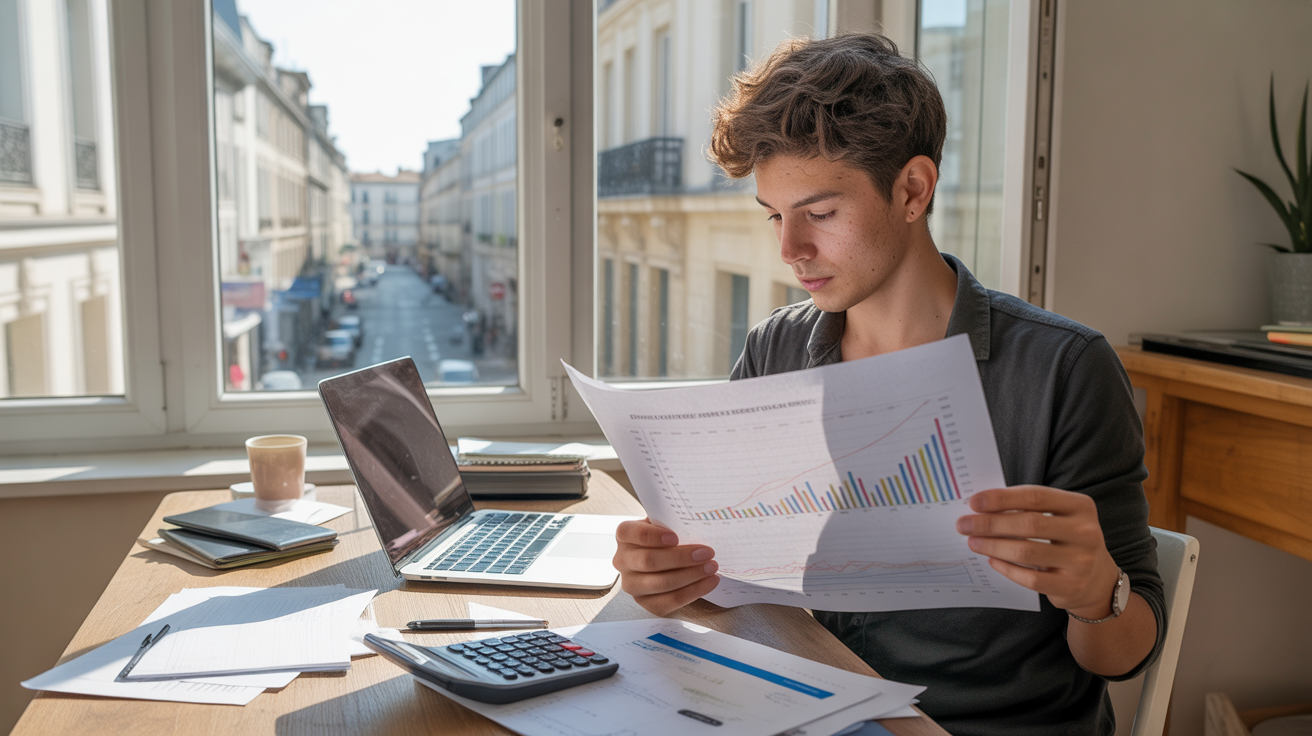 Entrepreneur travaillant à son bureau dans un appartement lumineux, examinant des documents financiers avec une scène urbaine française réaliste en arrière‑plan.