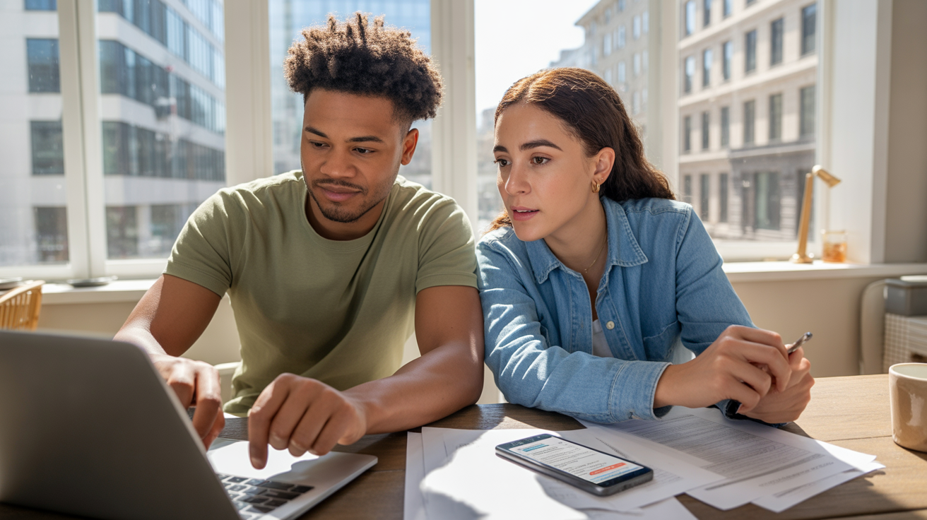 Couple réaliste discutant de leurs options de prêt personnel dans un appartement lumineux, analysant des taux sur un ordinateur portable.