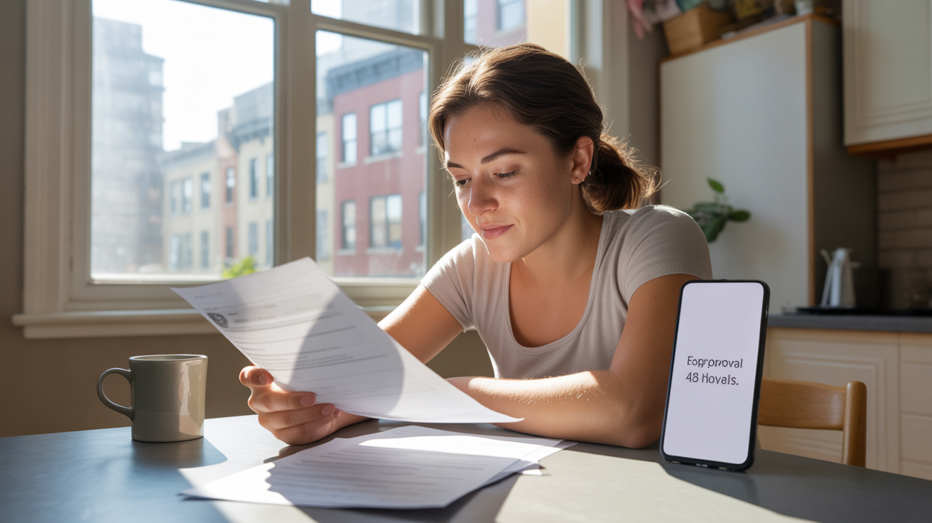 Personne examinant des documents financiers dans une cuisine moderne et réaliste, avec un smartphone suggérant une approbation rapide de prêt.