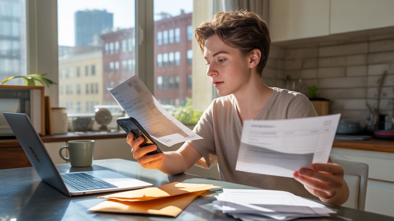 Jeune adulte examinant calmement ses finances dans un appartement réaliste et lumineux, ambiance naturelle.