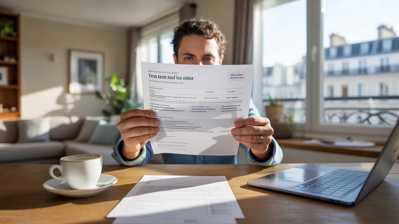Personne examinant un avis de remboursement d'impôts dans un appartement français lumineux et réaliste.