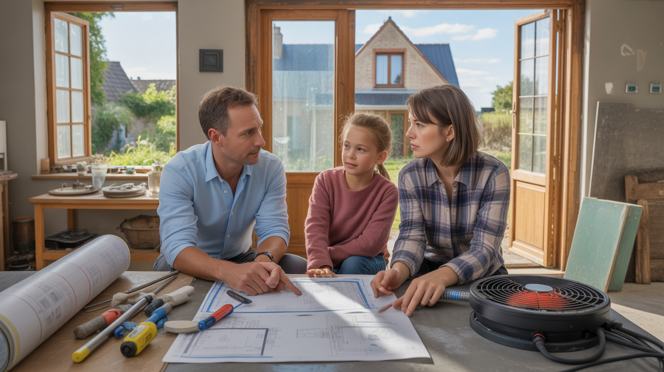 Famille française discutant avec un conseiller en rénovation énergétique dans une maison réelle en cours de travaux.