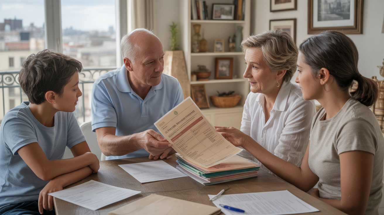 Scène réaliste d’une famille intergénérationnelle discutant de documents de succession dans un salon lumineux et authentique.