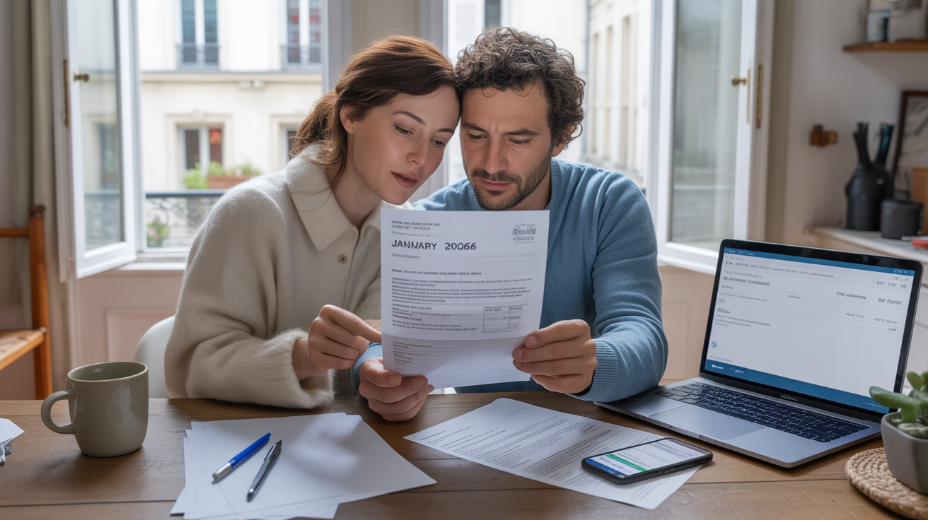 Couple vérifiant une lettre officielle et un virement de crédit d’impôt dans un appartement français lumineux en janvier 2026.