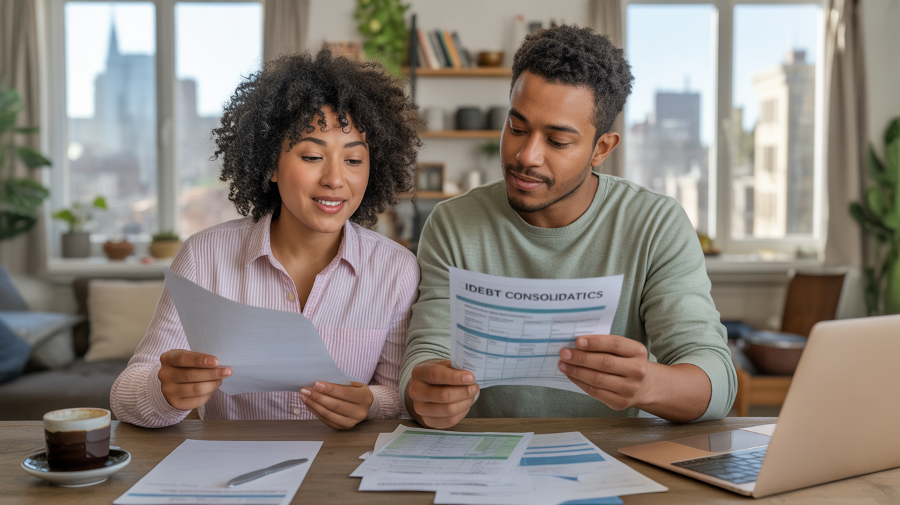 Couple souriant triant leurs finances dans un appartement lumineux après un rachat de crédit.