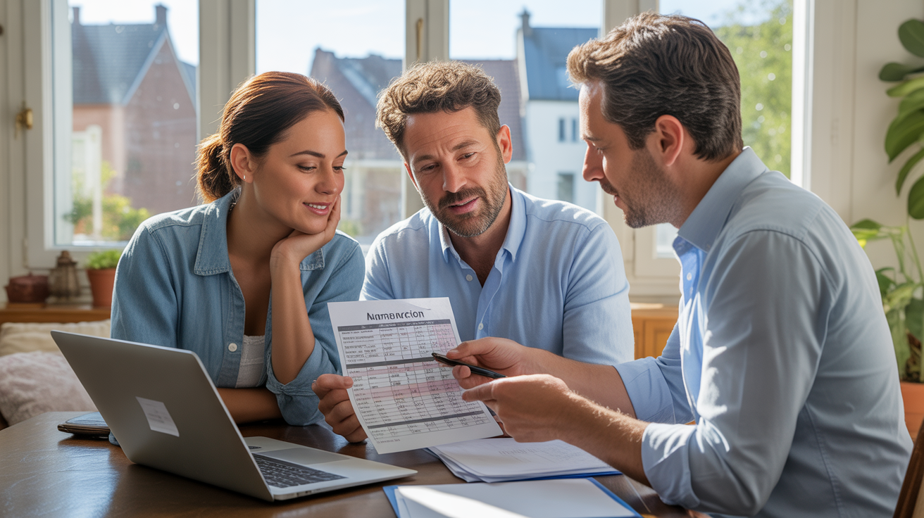 Couple rencontrant un conseiller financier pour renégocier leur crédit immobilier dans un salon lumineux, scène réaliste et naturelle.