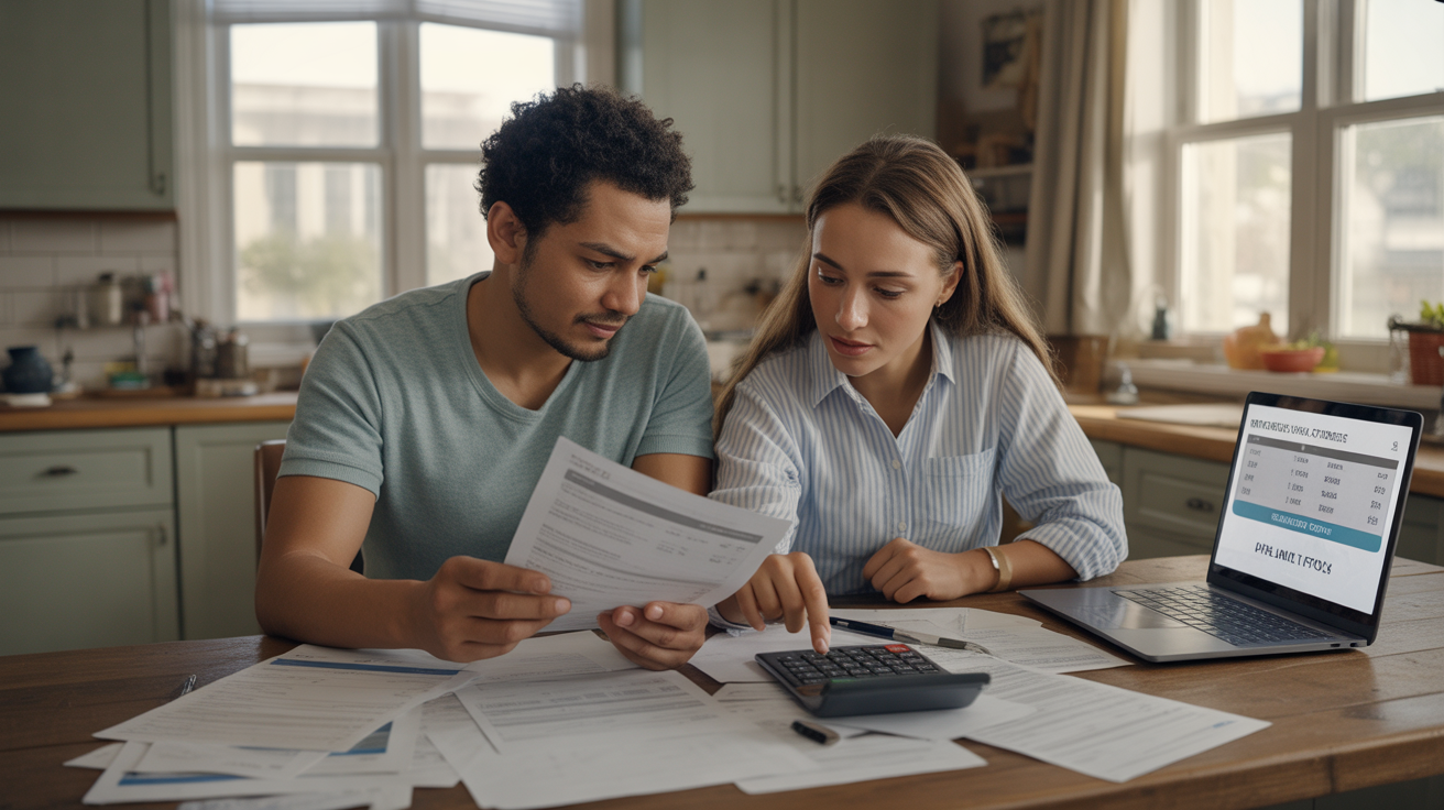 Couple examinant leurs documents financiers dans une cuisine lumineuse, évaluant l’économie possible grâce à un rachat de crédit.