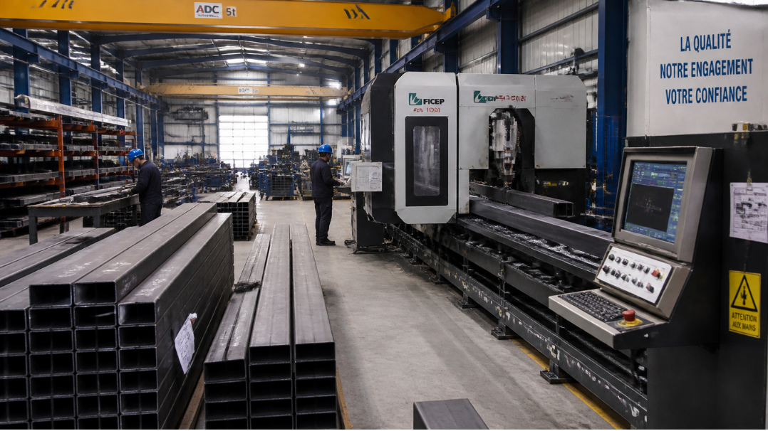 Atelier de construction métallique avec profilés acier et machine à commande numérique