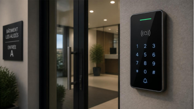 Lecteur de contrôle d'accès tactile avec clavier rétroéclairé installé à l'entrée d'un bâtiment